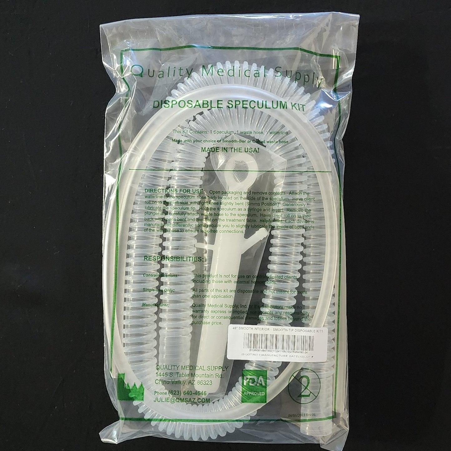 48" or 42" Smooth Interior Hose Disposable Kit With Smooth-tip Speculum (Green Bag)